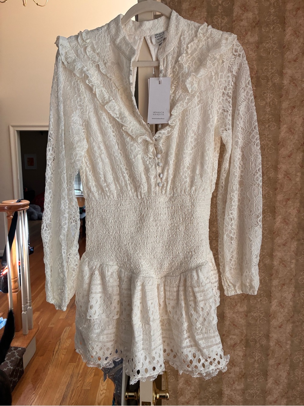 HEMANT & NANDITA Cream Lace Long-Sleeve Mini Dress